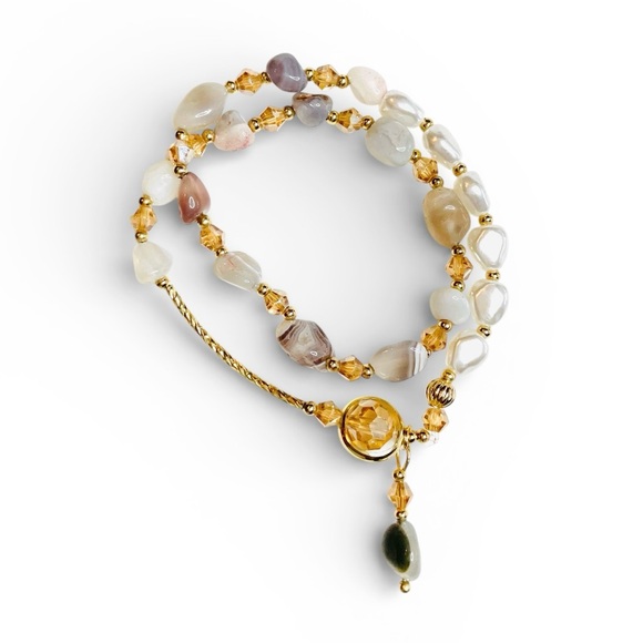 Mooey Bracelets Jewelry - Crystal Gold Pearl Bracelet Gem Stone Beaded Double Layer 6-7” Stretchy